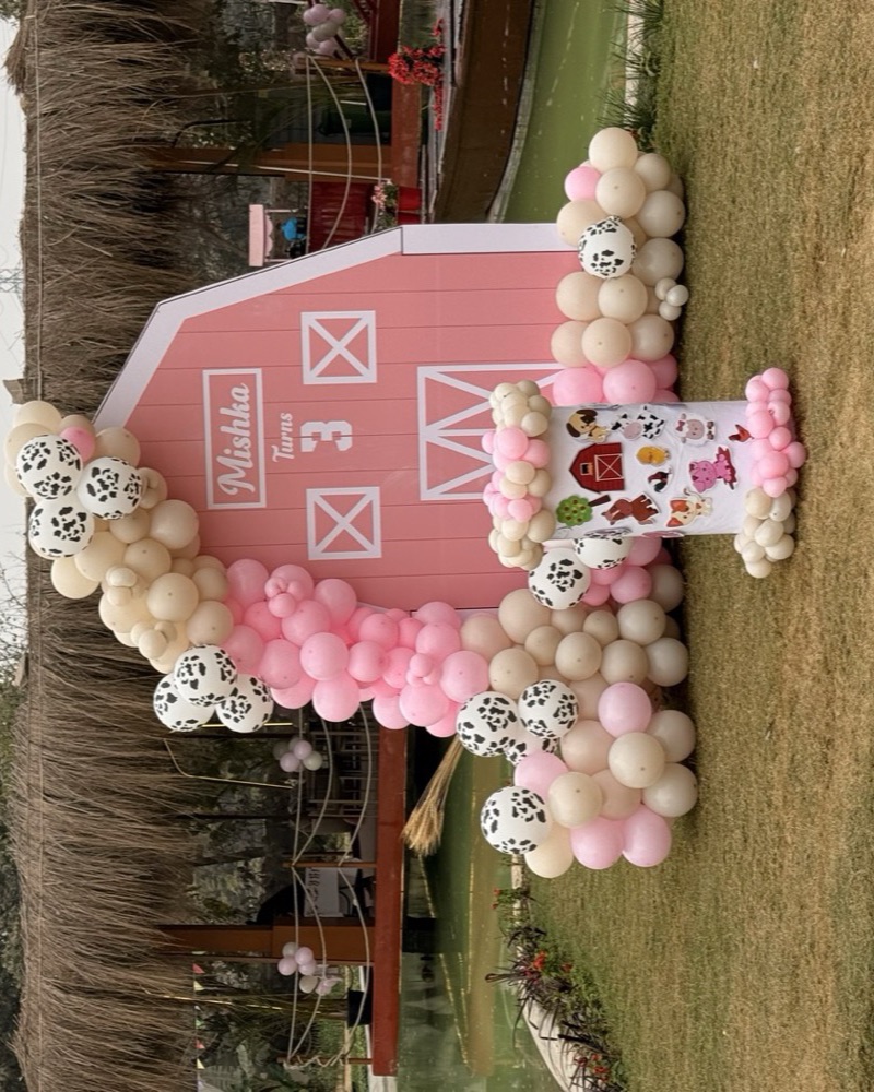 A farm-themed birthday backdrop with cow-print balloons on the lawn